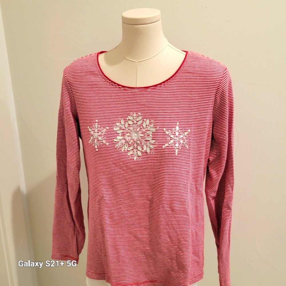 Christmas top red with white stripes, embellished with 3 crystal snowflakes